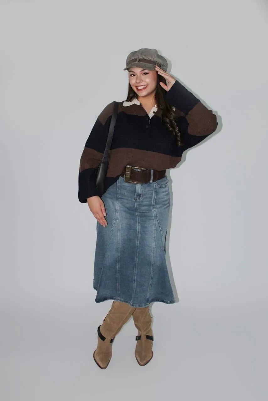 Suéter Polo Rayas Oversized – Estilo Casual Chic - kirys.boutique